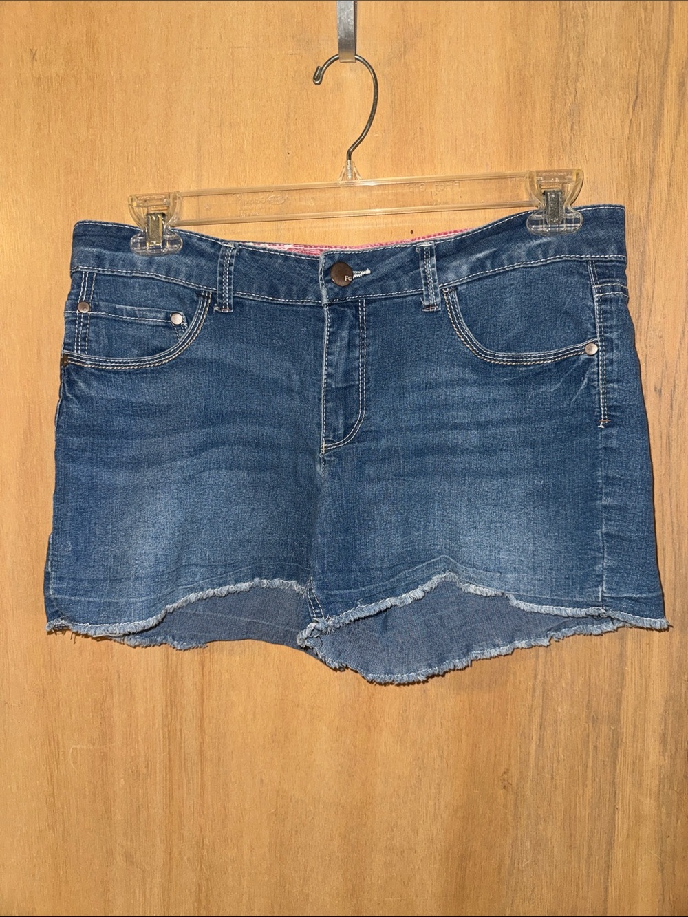 Faded Glory Denim Cut-Off Shorts with Frayed Hem Red Bandana Waistband Size 12